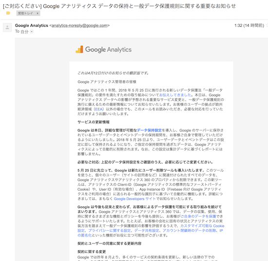 Google Analyticsから翻訳版メール